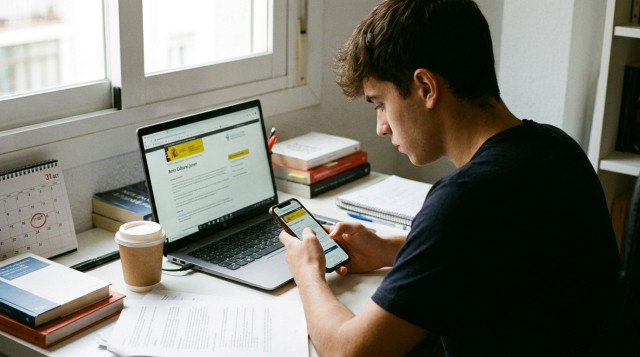 Joven utilizando un teléfono móvil y un ordenador portátil para solicitar el Bono Cultural Joven en una mesa de estudio