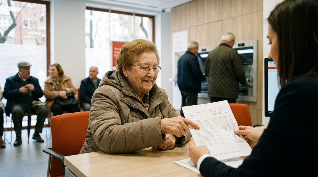 Persona mayor comprobando el ingreso de su prestación bancaria en una sucursal en el marco del calendario de cobro de las pensiones en agosto