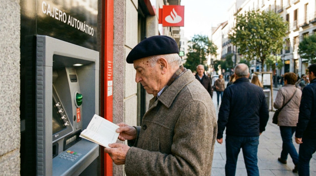 Persona mayor comprobando el ingreso de su pensión en el cajero automático de una sucursal bancaria en España con libreta de ahorros