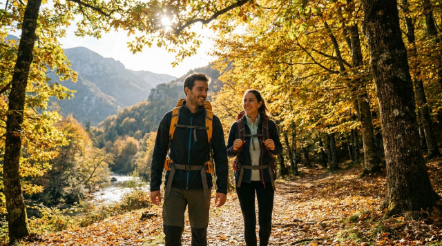pareja haciendo senderismo por un bosque otoñal con hojas doradas en un parque natural de España durante un puente festivo