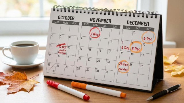 calendario de mesa abierto en los meses de octubre, noviembre y diciembre con señalizadores en los festivos y puentes laborales