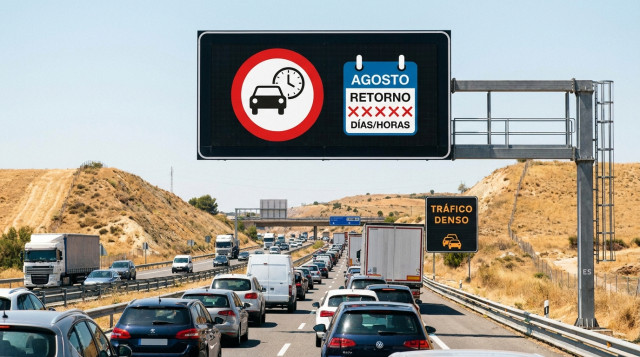 Panel informativo de la DGT en una autovía con señal de tráfico denso durante la Operación Retorno de agosto