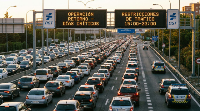 Operación retorno de tráfico con caravana de coches en una autopista de acceso metropolitano regulada por paneles luminosos de la DGT
