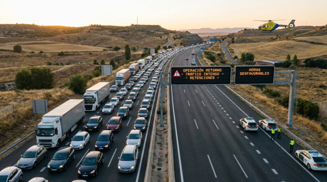Vista aérea de una autovía española con tráfico denso y señalización de la DGT durante la Operación Retorno