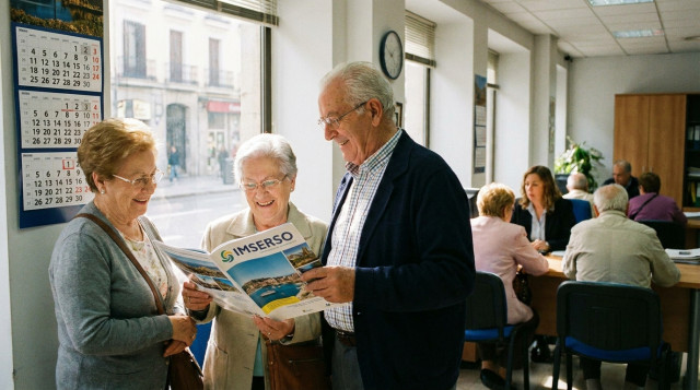 Personas mayores consultando un folleto de viajes y un calendario de reservas turísticas en una oficina de viajes soleada