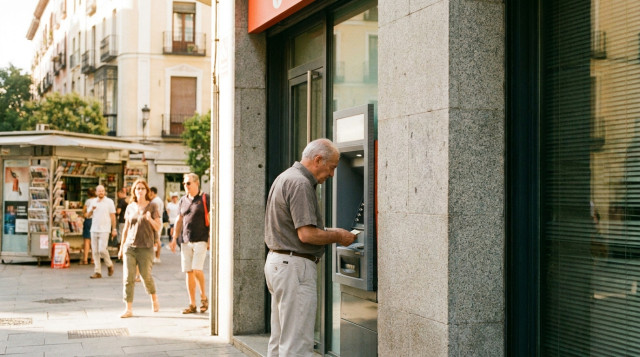 Un pensionista retirando dinero en efectivo en el cajero automático de una sucursal bancaria durante una mañana de verano