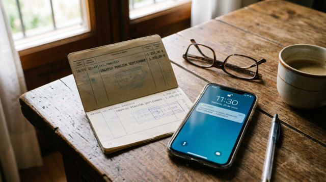 Libreta bancaria y teléfono móvil mostrando una transferencia de nómina de pensión