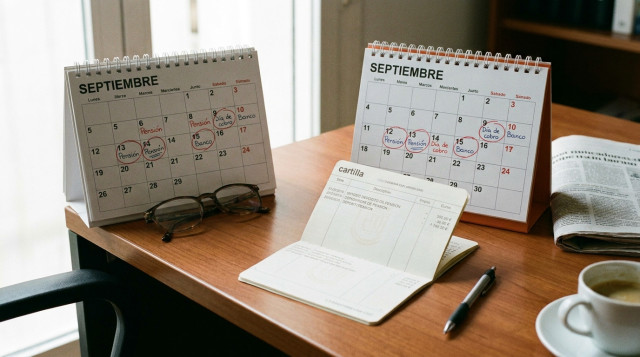 Libreta de ahorros bancaria y calendario de pago de pensiones con fechas marcadas en una mesa de oficina