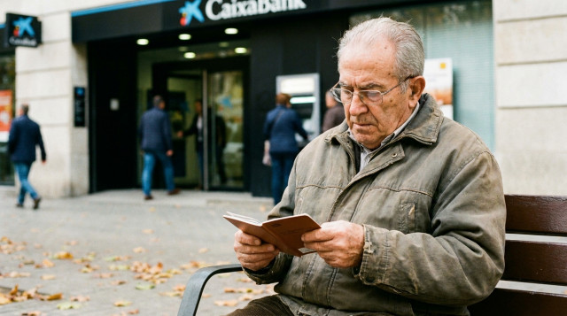 persona mayor consultando su saldo bancario en una libreta de ahorros o aplicacion movil cerca de una sucursal bancaria