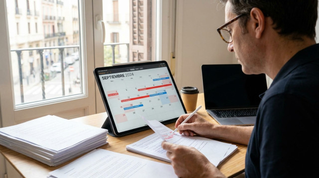 Persona revisando documentos y marcando fechas límite en un calendario digital de plazos oficiales en septiembre