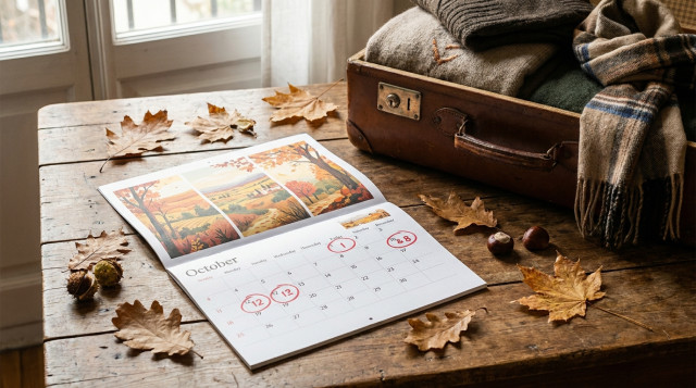 Calendario de otoño sobre una mesa de madera con maleta de viaje y hojas secas representativas de las escapadas de temporada