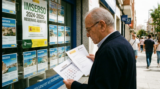 Persona mayor consultando la carta de acreditación del Imserso y el calendario de reservas frente a una agencia de viajes