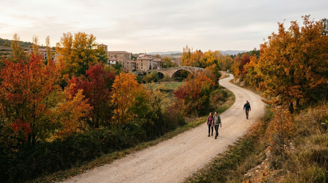 Paisaje otoñal en un destino de interior español con senderos despejados y viajeros paseando en temporada baja