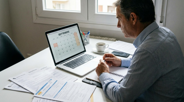 Persona revisando el calendario de trámites en septiembre en un ordenador con documentos oficiales