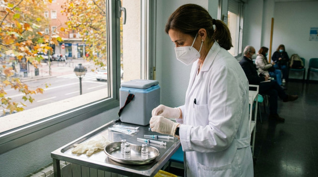 Profesional sanitario preparando viales de vacuna de la gripe y covid en un centro de salud de España durante la campaña de vacunación de otoño