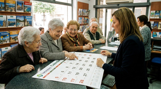 Personas mayores consultando el calendario de viajes del Imserso en un mostrador de agencia de viajes