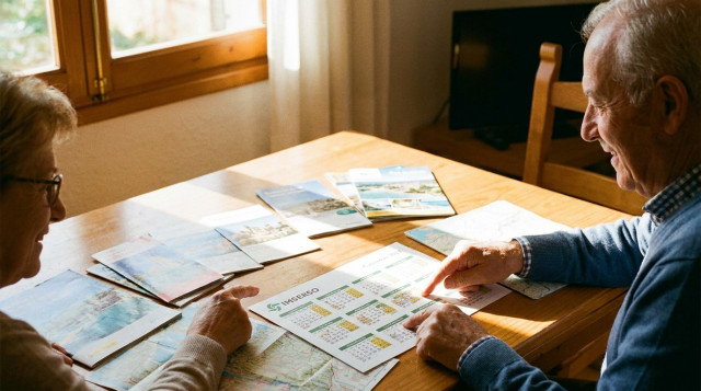 personas mayores planificando sus vacaciones con folletos turísticos y el calendario de viajes del Imserso sobre una mesa luminosa