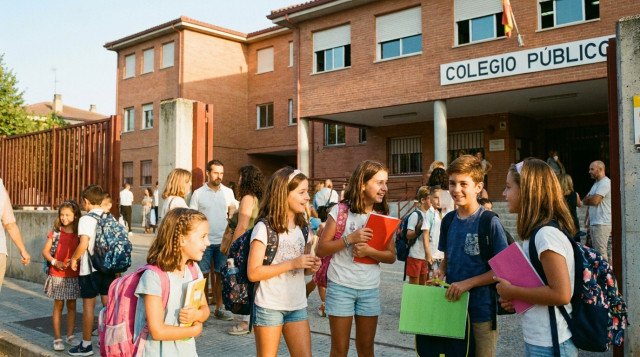 Alumnos entrando a un colegio en septiembre con mochilas y material escolar en un día soleado