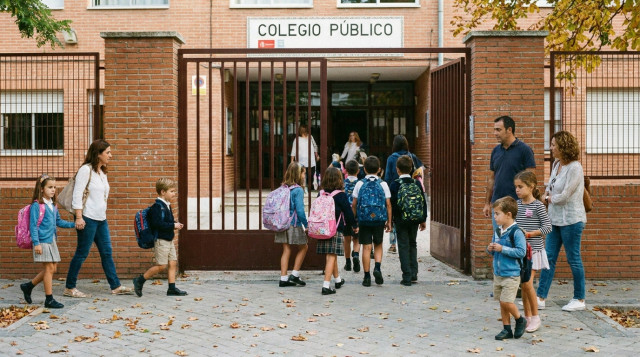 alumnos entrando al colegio con mochilas en el inicio del curso escolar de Infantil Primaria y Secundaria