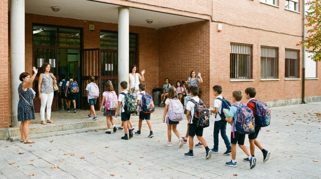 Alumnos entrando a un colegio en España con mochilas y material escolar en el inicio del curso académico