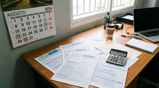 Documentos tributarios impresos de la Agencia Tributaria sobre una mesa de despacho con una calculadora y un calendario de agosto