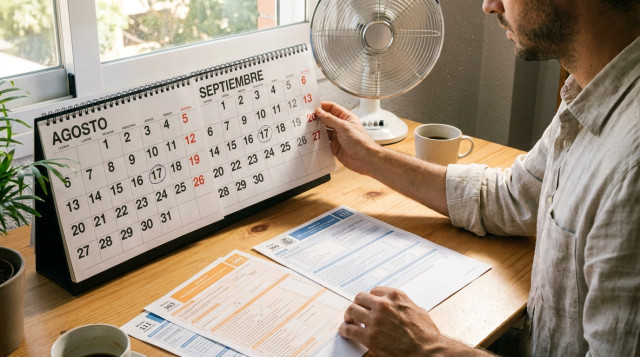 Una persona revisando un calendario impreso con documentos fiscales sobre un escritorio en verano con luz natural