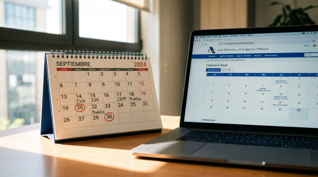 calendario de mesa junto a un ordenador portatil mostrando la sede electronica de la Agencia Tributaria para la gestion del calendario fiscal
