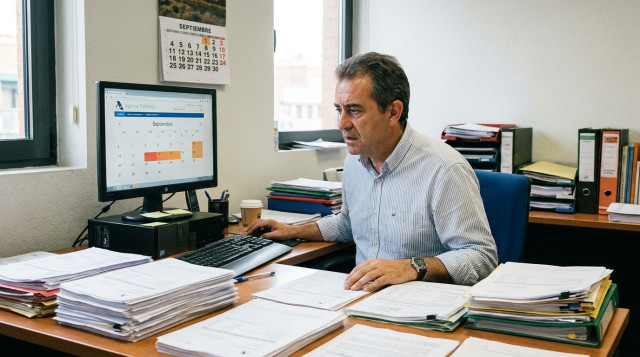 contribuyente revisando facturas y el calendario fiscal de septiembre en un ordenador de oficina