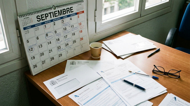 Calendario de oficina con el mes de septiembre y documentos oficiales de la Agencia Tributaria sobre una mesa de trabajo