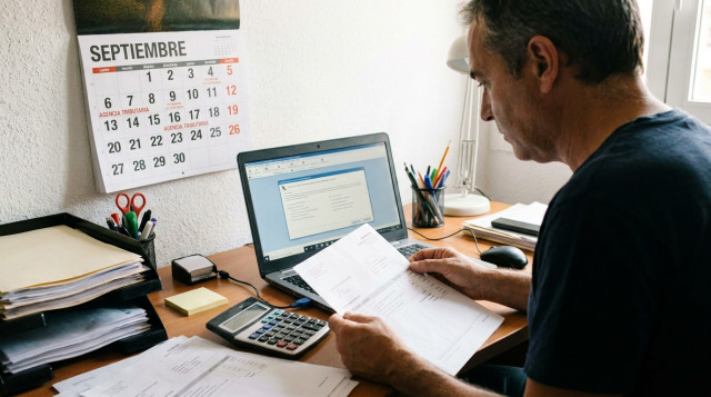 persona revisando facturas y calendario fiscal con calculadora y ordenador portátil en una oficina