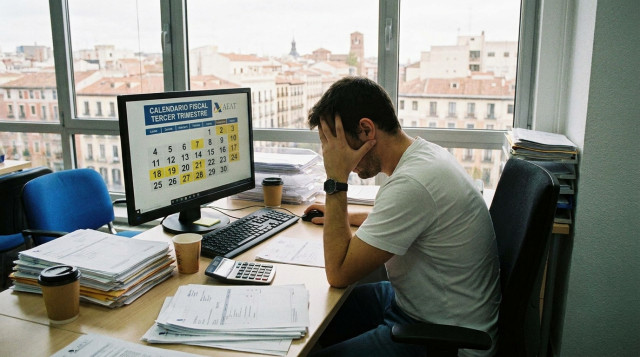 Persona trabajando en una oficina revisando facturas y el calendario fiscal en una pantalla digital de ordenador