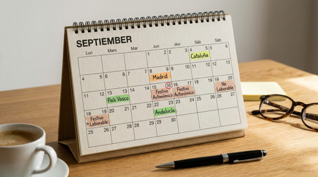 calendario de mesa abierto en el mes de septiembre con anotaciones de dias festivos autonómicos y no laborables en España