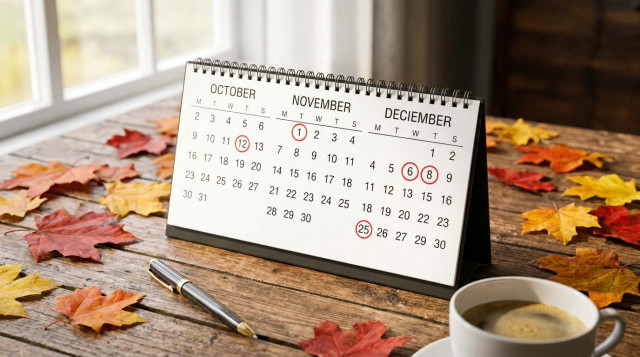 Calendario de mesa con las fechas marcadas de los festivos nacionales del último trimestre y hojas de otoño