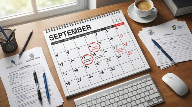 primer plano de calendario de septiembre sobre una mesa de oficina con documentos administrativos y teclado de ordenador para tramitación telemática