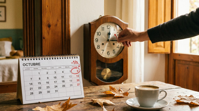reloj clásico de pared junto a un calendario de sobremesa marcando el cambio de hora de octubre en España