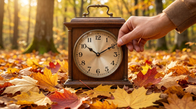 reloj analógico sobre fondo otoñal con hojas doradas ilustrando el cambio de hora de otoño y el horario de invierno