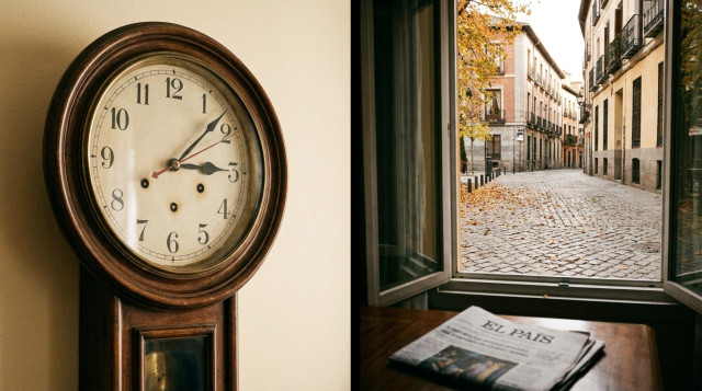 reloj clásico de pared con las manecillas moviéndose hacia atrás para ilustrar el cambio de hora de otoño en España