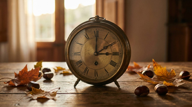 Reloj analógico antiguo marcando el cambio de hora de otoño con hojas secas y luz suave de atardecer