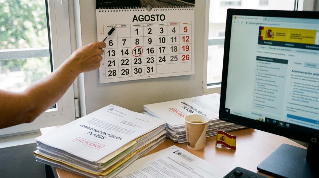 revisión de calendario oficial y documentos sobre un escritorio para el cómputo de días inhábiles de agosto