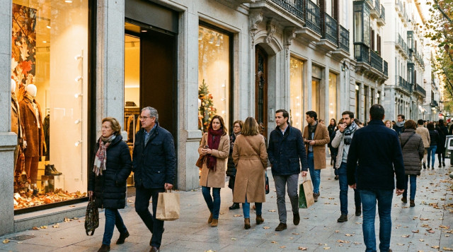 Escaparates iluminados y clientes transitando por una céntrica avenida comercial durante una jornada de festivo de otoño