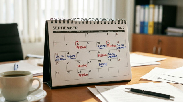 calendario de mesa abierto en el mes de septiembre con anotaciones de dias festivos y puentes laborales