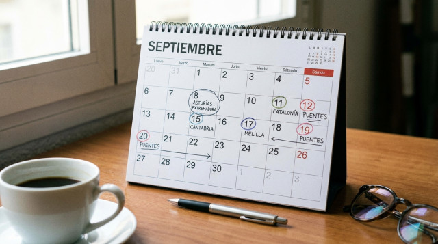 Calendario laboral de mesa abierto en el mes de septiembre con anotaciones sobre días festivos y puentes autonómicos