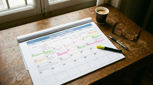 Calendario laboral sobre una mesa de trabajo con anotaciones en el mes de septiembre y festivos autonómicos destacados