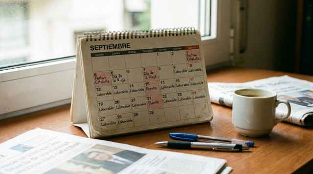 calendario de mesa abierto en el mes de septiembre con anotaciones sobre festivos autonómicos y días laborables