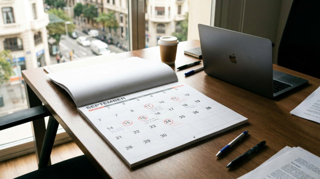 Calendario de pared abierto en el mes de septiembre con las fechas festivas marcadas en rojo sobre un escritorio de trabajo profesional