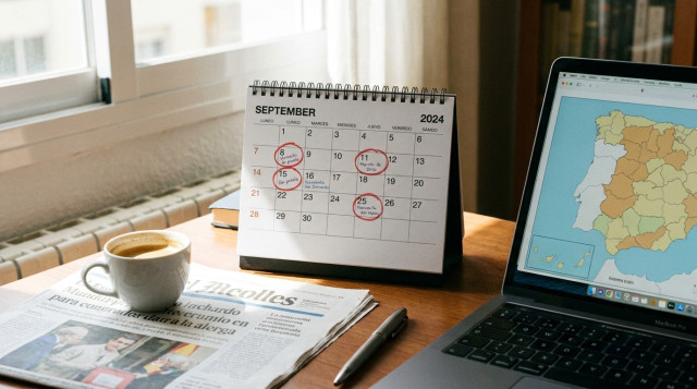 calendario de mesa señalando los festivos de septiembre sobre un escritorio de trabajo en España