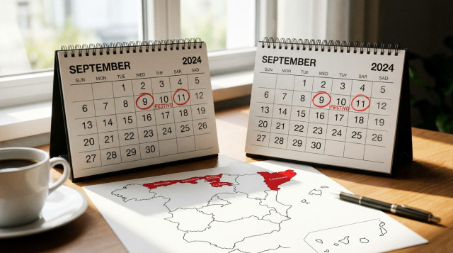calendario de mesa señalando los festivos de septiembre y un mapa de España con las comunidades autónomas destacadas