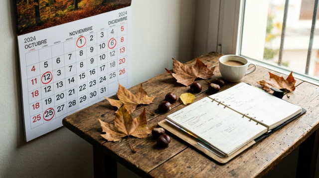 vista de un calendario de pared con las hojas de otoño marcadas en rojo junto a una libreta de planificación laboral