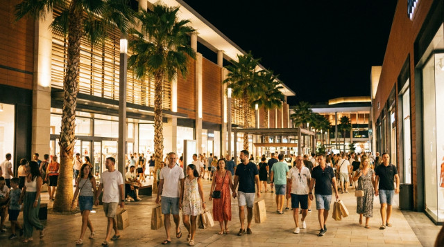 Fachada de un centro comercial en España iluminado durante un fin de semana festivo de verano con afluencia de clientes