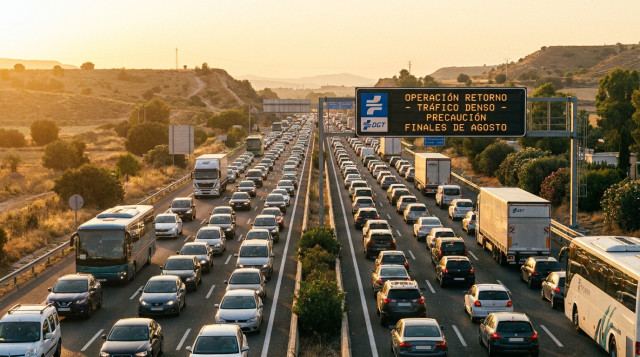 Tráfico denso en una autopista española durante el atardecer en plena Operación Retorno de la DGT a finales de agosto con paneles de señalización luminosa